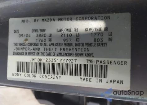 2005 Mazda Mazda3 S from USA, damaged, VIN JM1BK123351227927